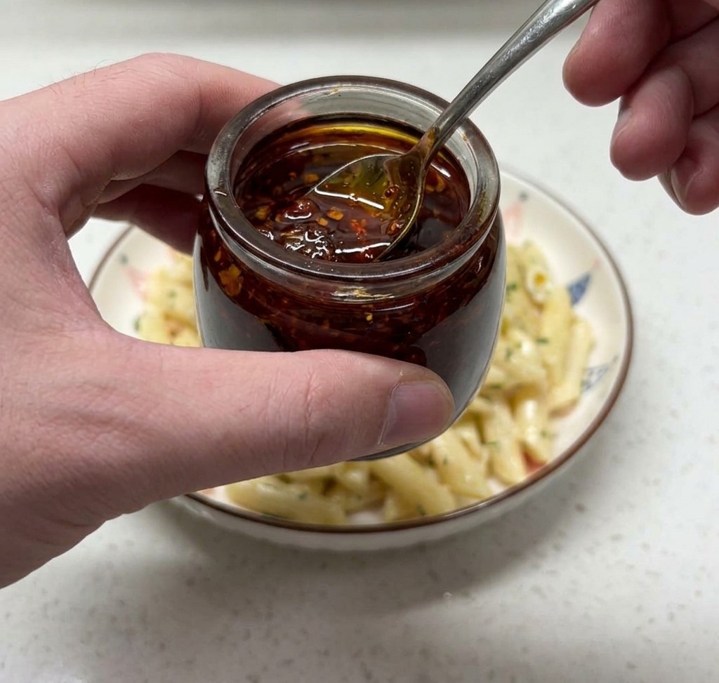 Une main utilisant une cuillère pour verser un filet dhuile piquante rouge vif sur le bol de pâtes au saumon.