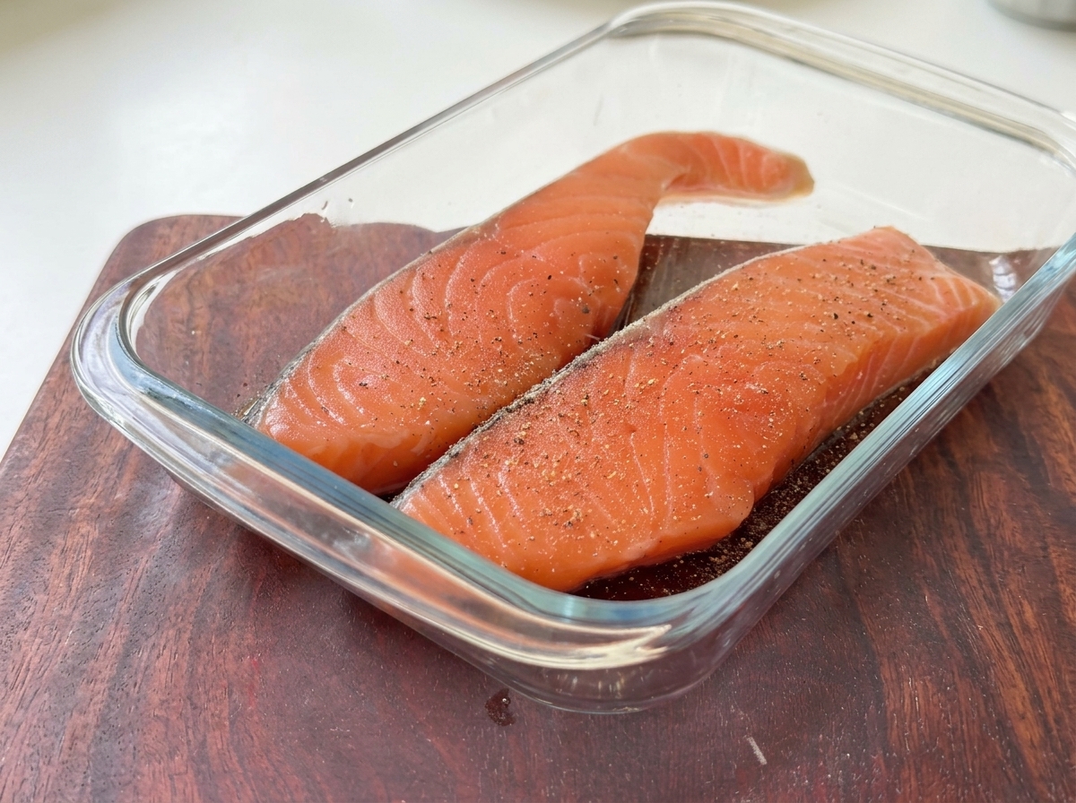 Deux filets de saumon frais reposant dans un récipient en verre, assaisonnés de gros sel et de poivre noir moulu.