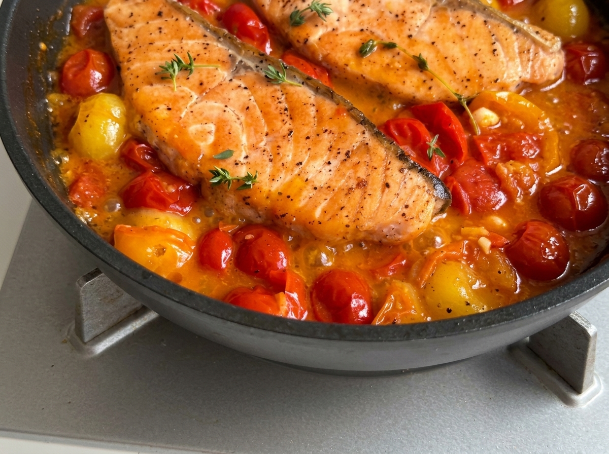 Deux filets de saumon poêlés reposant dans une sauce vibrante et frémissante aux tomates cerises, garnie de thym frais.