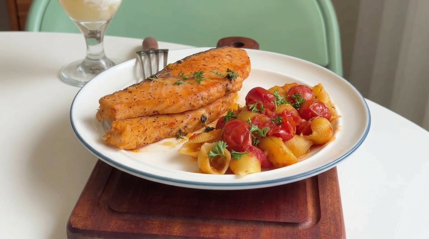 Saumon Poêlé et Pâtes Conchiglie aux Tomates Cerises