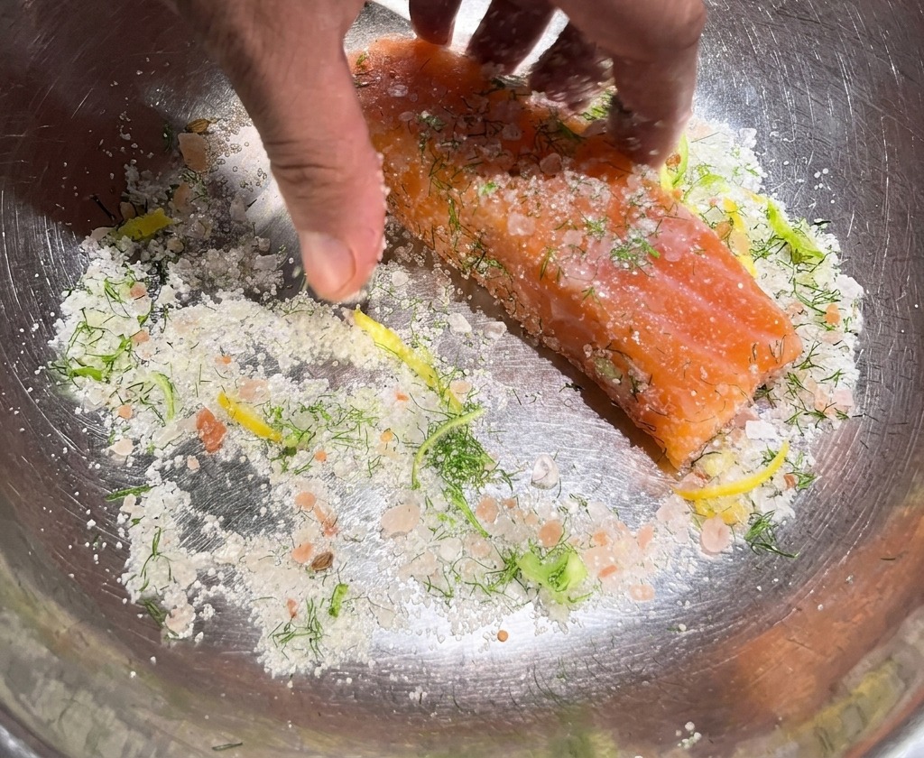 Des mains frottant un mélange granuleux de sel, de sucre et dherbes sur un morceau de saumon cru dans un bol.