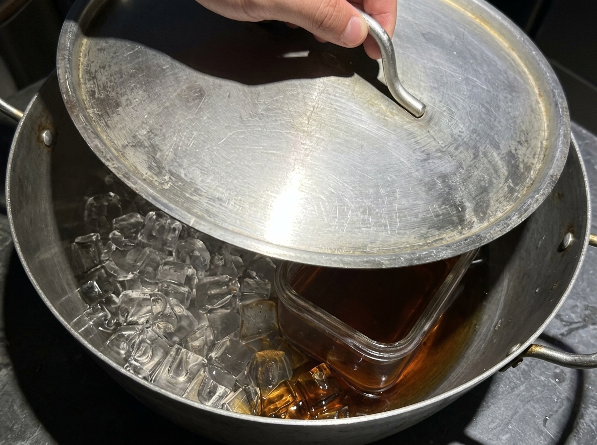 Une main posant un couvercle métallique sur un grand faitout rempli de glace et dépices fumantes pour emprisonner la fumée.