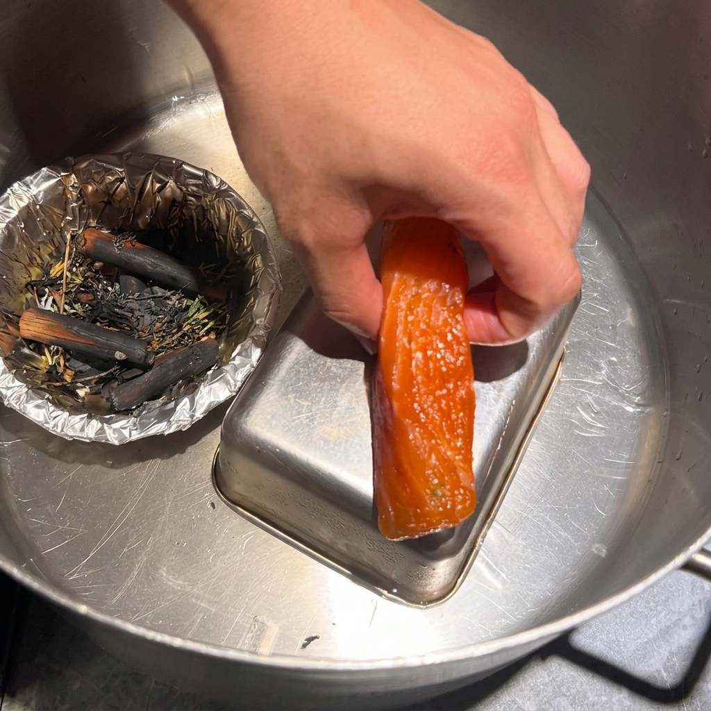 Une main soulevant délicatement un morceau de saumon fumé à froid hors dun grand faitout contenant de la glace fondue et des épices calcinées.