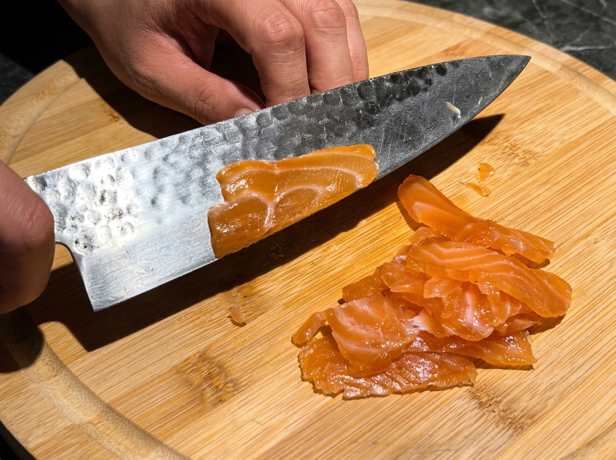 Un couteau bien aiguisé coupant un filet de saumon fumé en fines tranches régulières sur une planche à découper en bois.