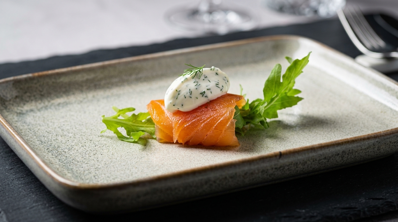 Saumon fumé à froid maison et sa crème fraîche aux herbes