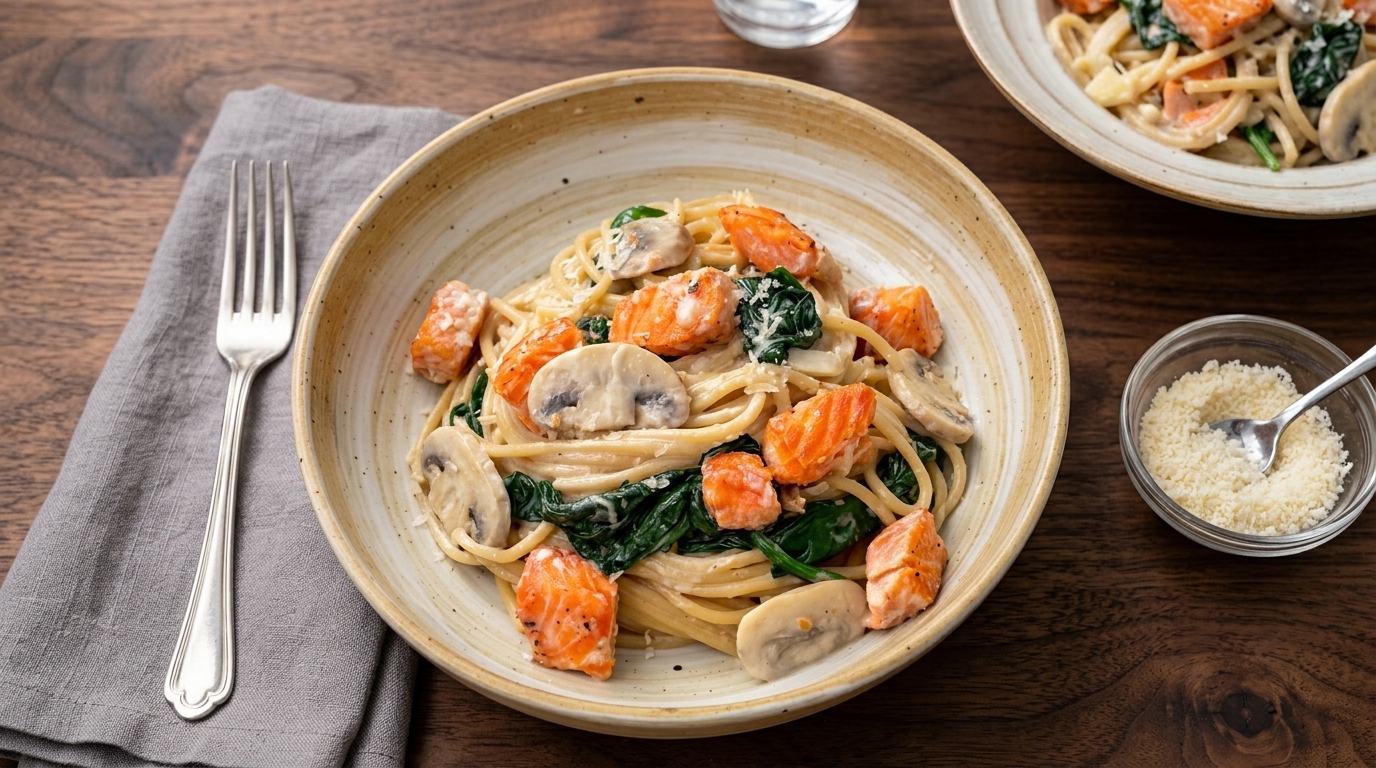 Pâtes Complètes Crémeuses au Saumon et aux Champignons