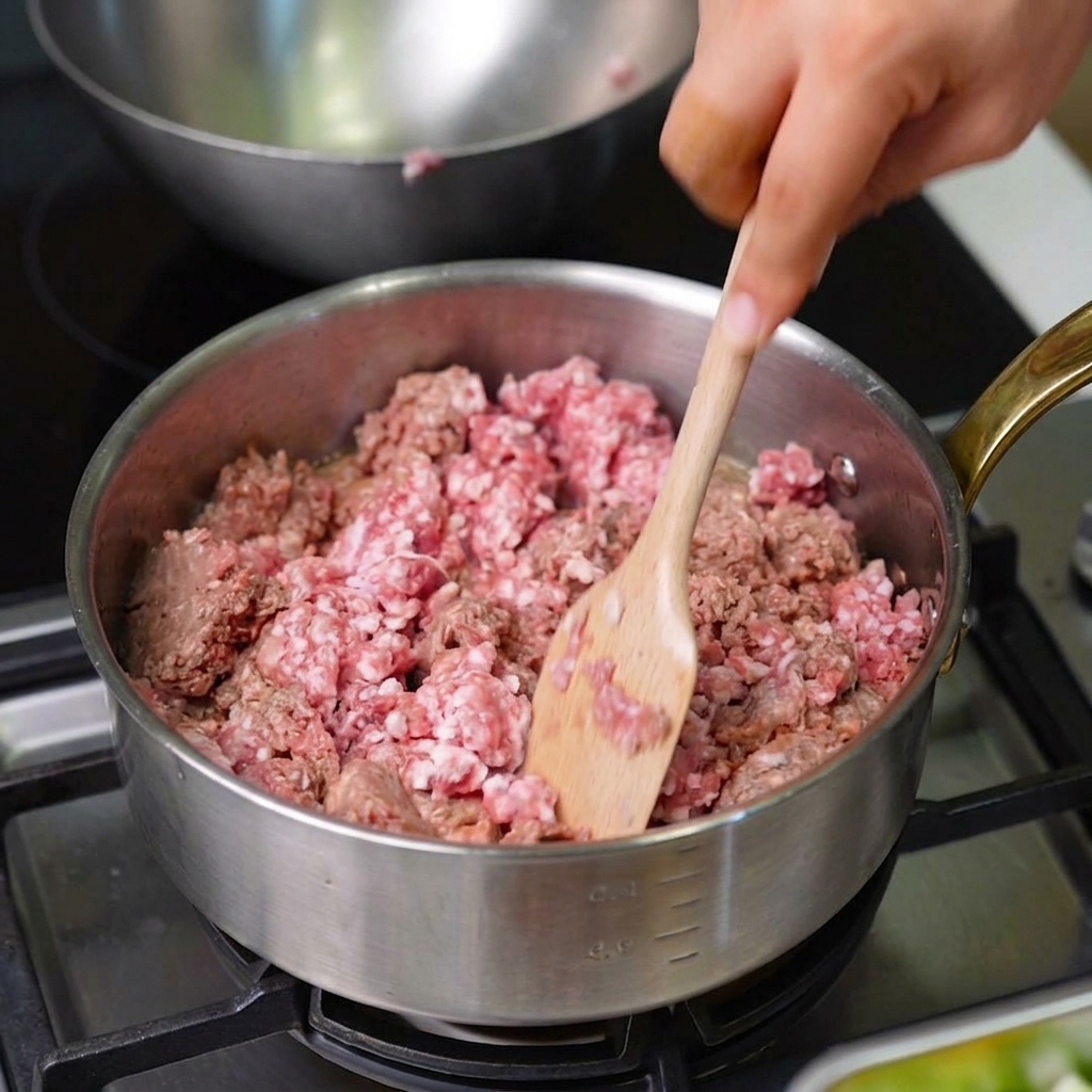 Une spatule en bois remuant de la viande hachée qui dore dans une marmite en acier inoxydable.