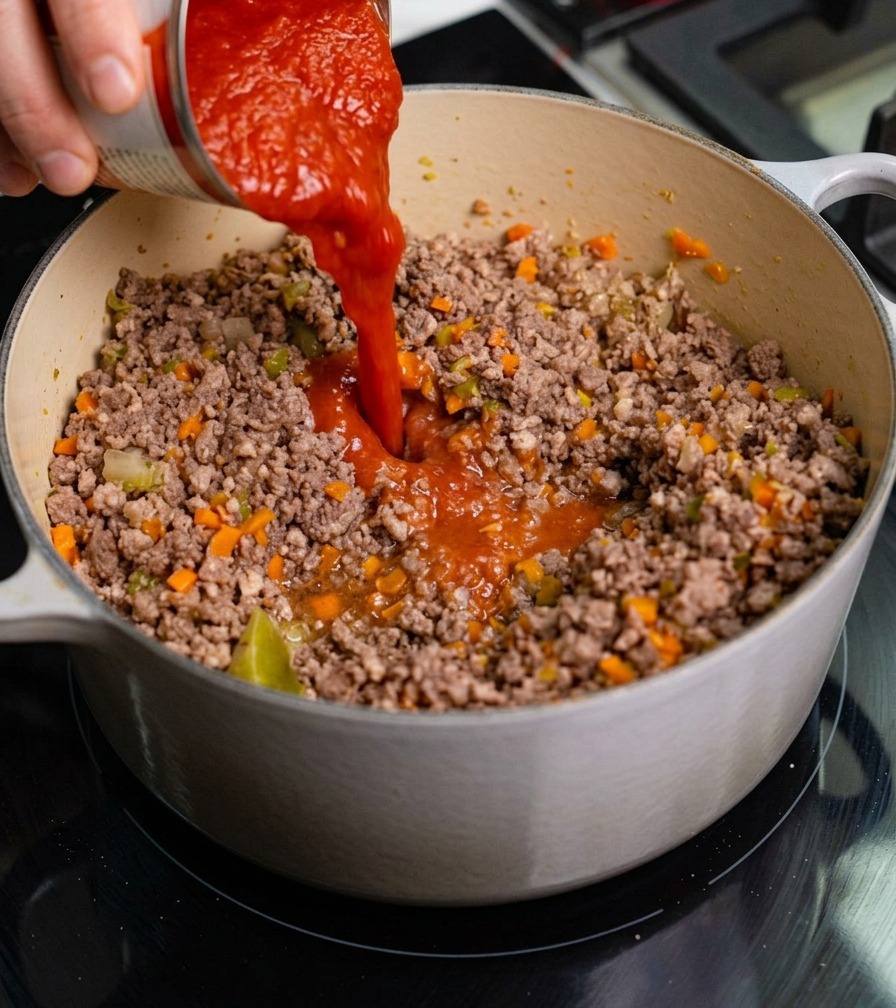 Des tomates pelées entières versées depuis une boîte de conserve dans une grande cocotte contenant la base de viande et de légumes.