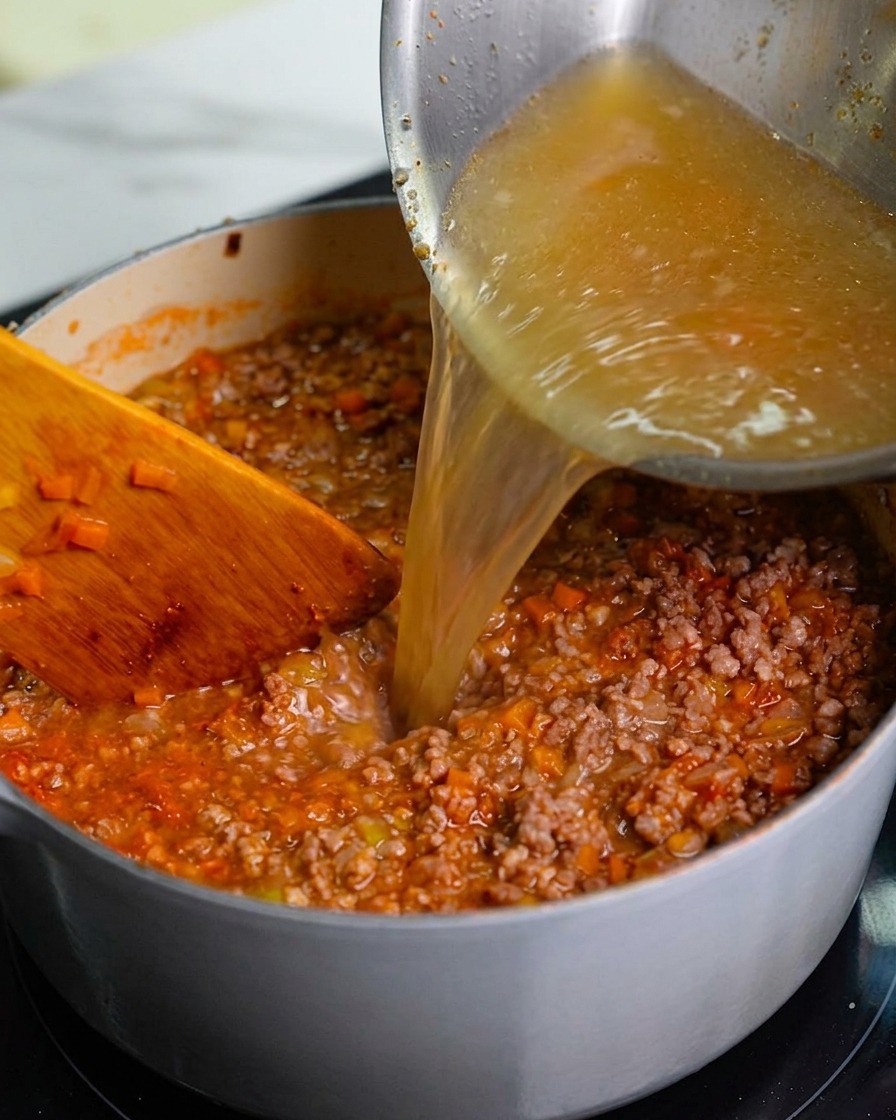 Un liquide brun clair contenant les graisses de cuisson de la viande versé dune poêle en acier inoxydable vers la cocotte principale.