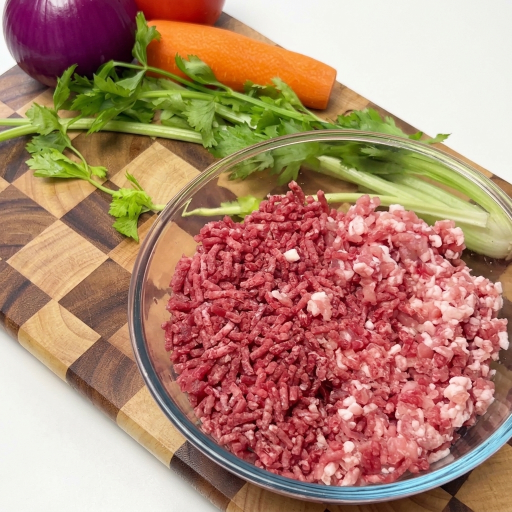 Un bol en verre contenant du porc et du bœuf hachés crus posé sur une planche à découper en bois avec des légumes entiers en arrière-plan.