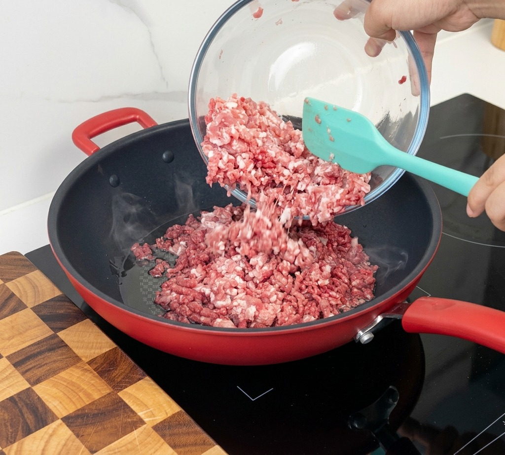De la viande hachée crue versée dun bol en verre dans une poêle rouge bien chaude à laide dune spatule en silicone turquoise.