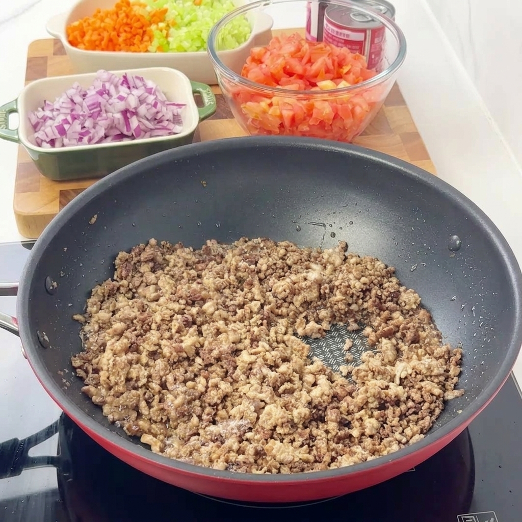 Viande hachée bien dorée et émiettée qui cuit dans une poêle rouge avec des bols de légumes coupés en arrière-plan.