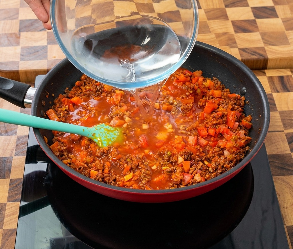 De leau claire versée dun bol en verre dans une grande poêle remplie dune base de sauce à la tomate et à la viande rouge.