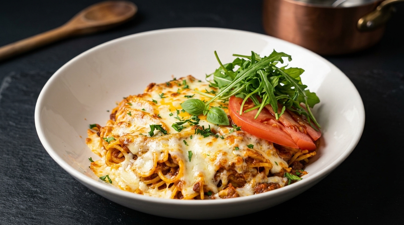 Pâtes bolognaise au four, croûte de fromage fondu et jaune d'œuf