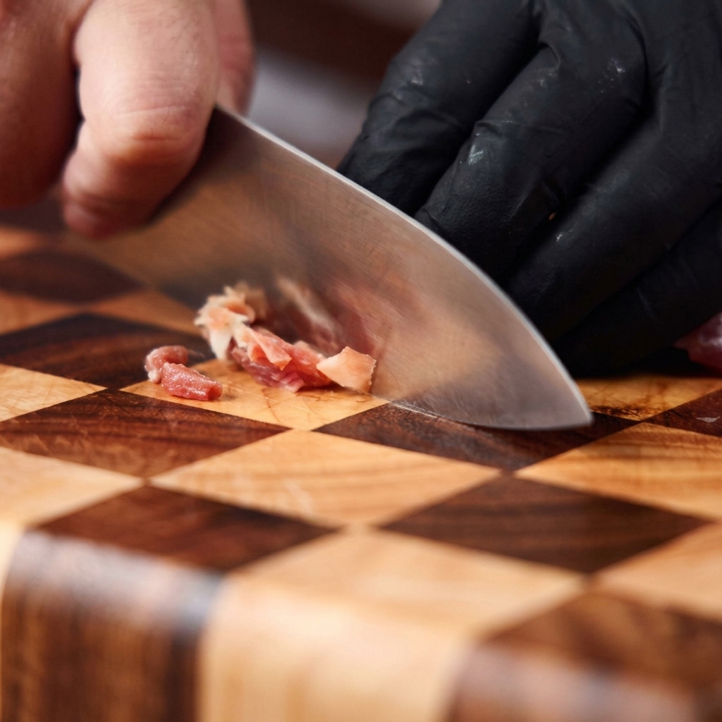Un chef utilisant un couteau bien aiguisé pour couper de la pancetta italienne en petits dés sur une planche à découper en bois.