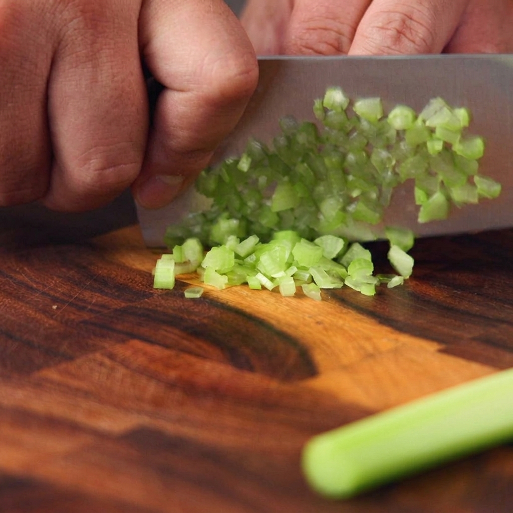 Des mains coupant une branche de céleri vert en petits morceaux sur une planche en bois à laide dun grand couteau de chef.