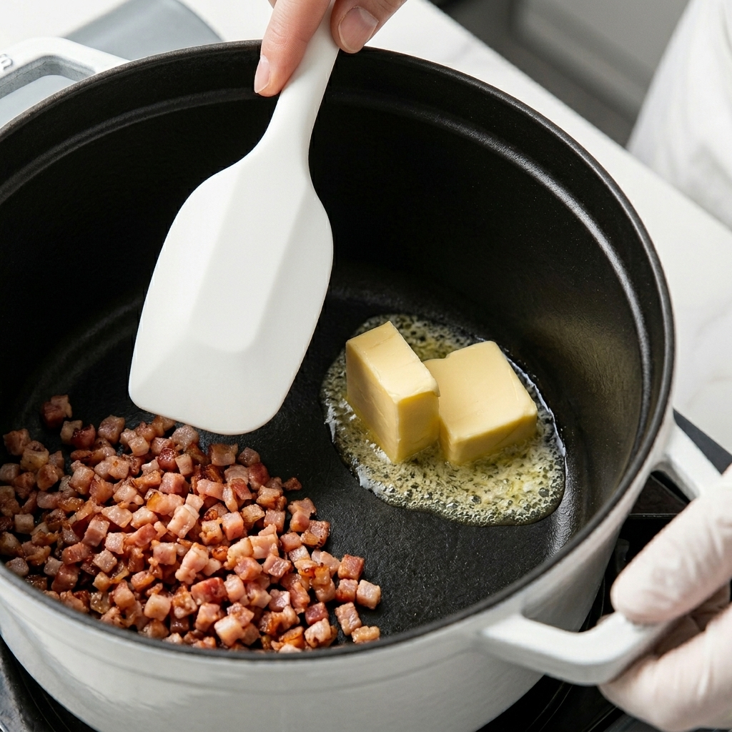 Deux morceaux de beurre fondant dans une cocotte noire aux côtés de petits morceaux de pancetta dorés.