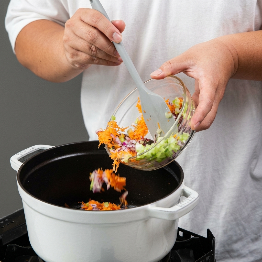 Une personne versant un bol de carottes, de céleri et doignons rouges finement coupés dans une cocotte blanche.