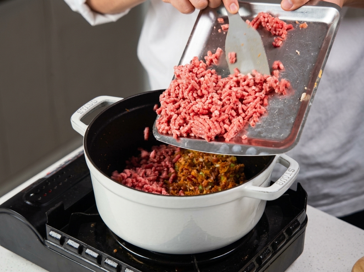 Du bœuf haché glissant dun plateau métallique dans une cocotte contenant le mélange de légumes cuits.