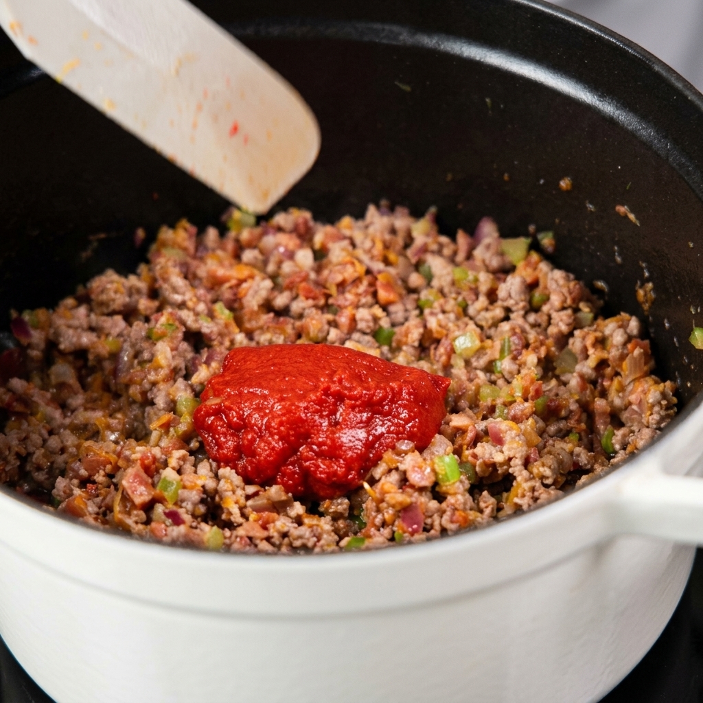 Une généreuse cuillerée de concentré de tomates rouge vif déposée sur la viande hachée dorée et les légumes dans une cocotte.