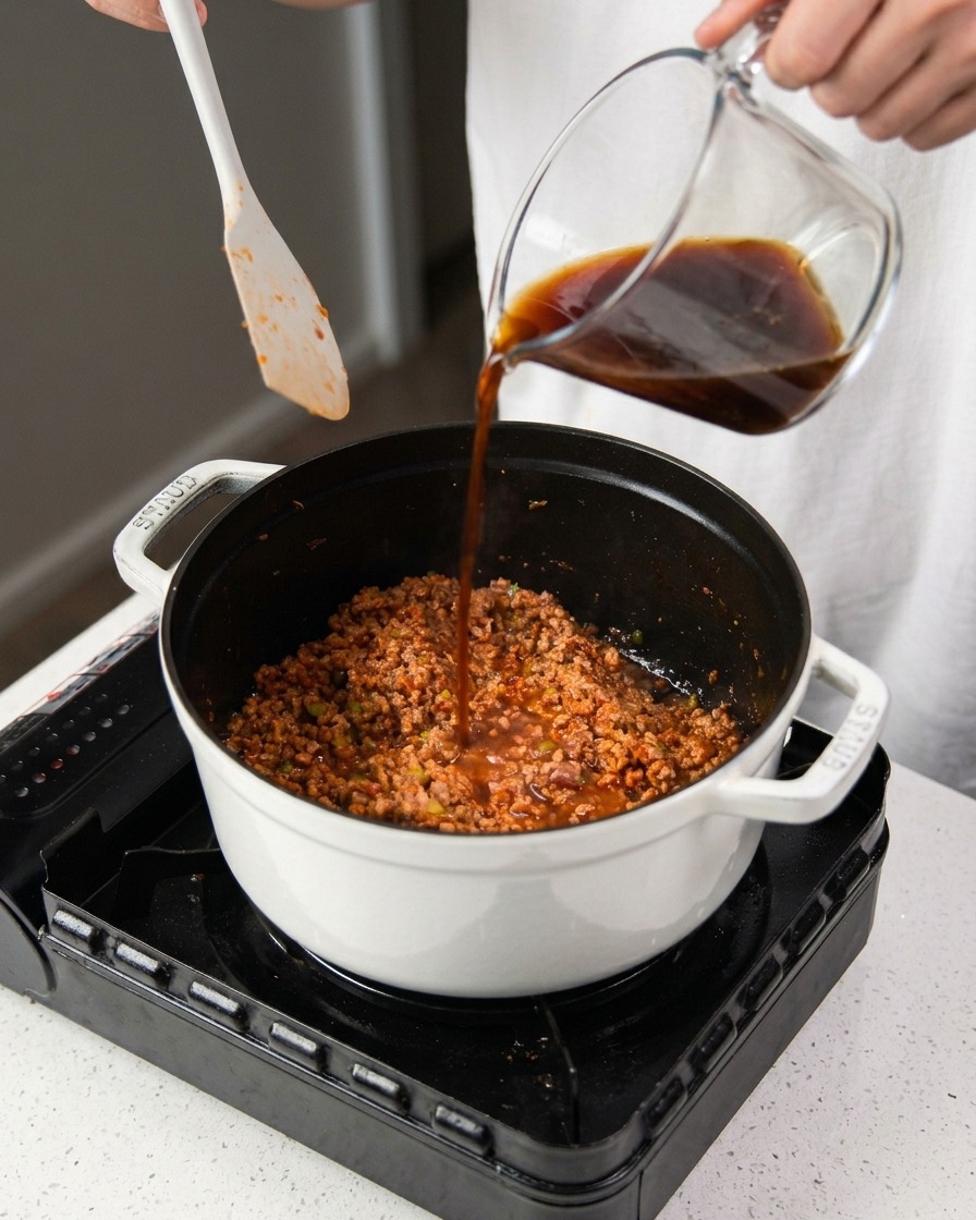 Du vin rouge versé depuis un verre dans une cocotte de sauce à la viande et aux légumes frémissante.