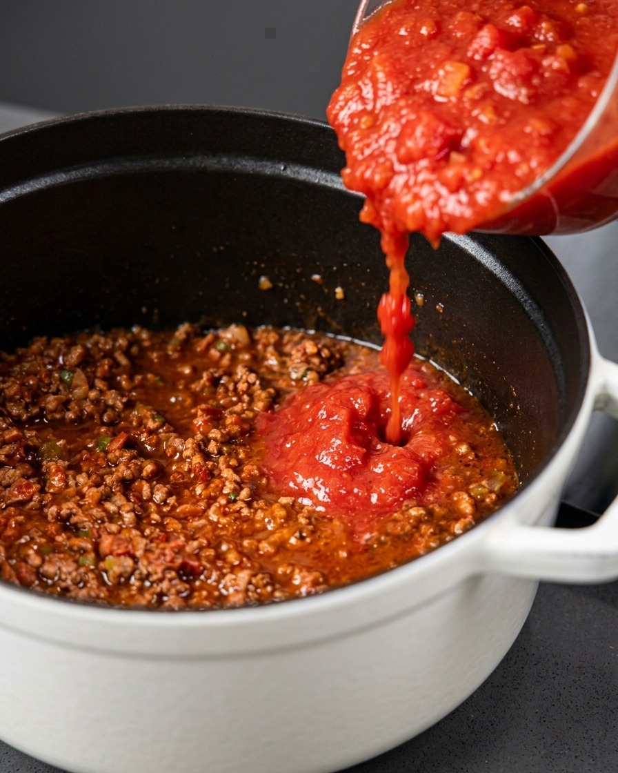Des tomates concassées épaisses versées depuis un bol en verre dans le mélange de sauce à la viande.