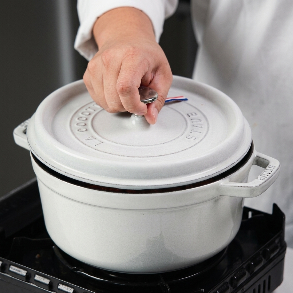Une main posant un couvercle lourd en céramique blanche sur une cocotte assortie pour commencer le long processus de mijotage.