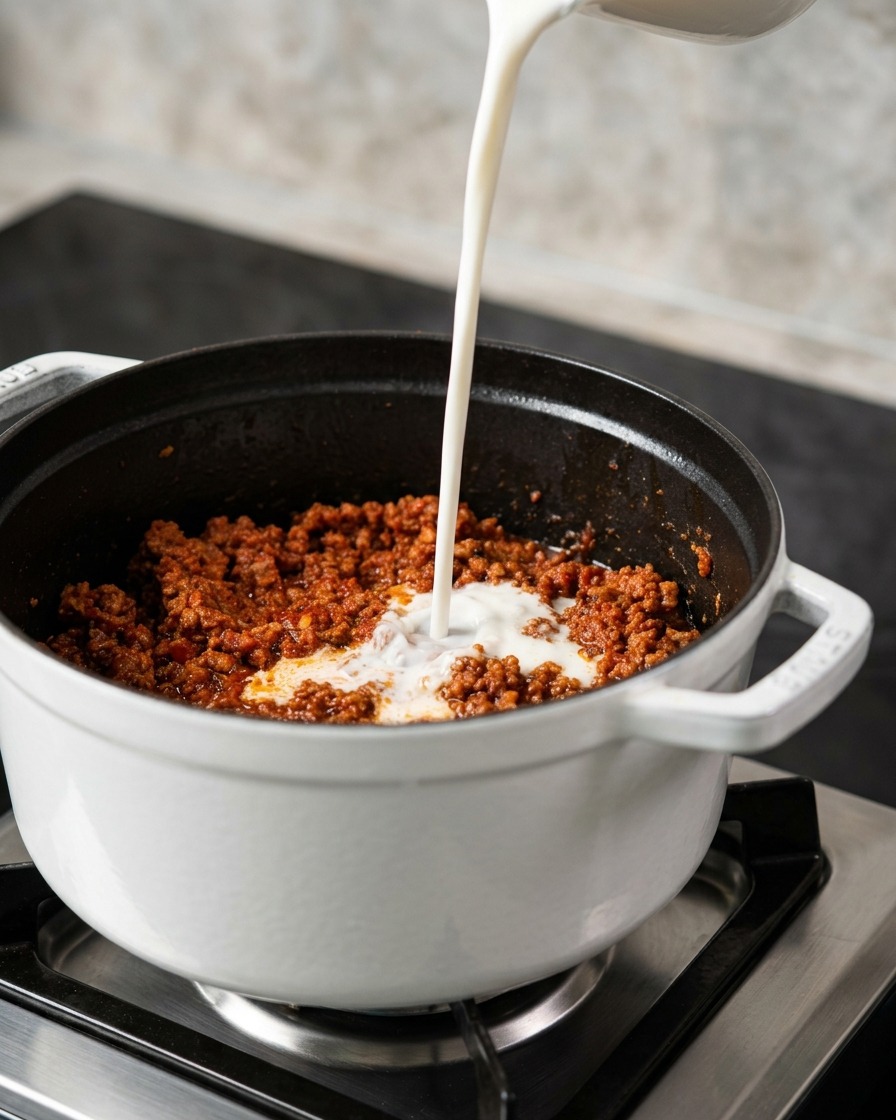 Un filet de lait blanc versé dans une riche sauce à la viande rouge foncé à lintérieur dune cocotte blanche.