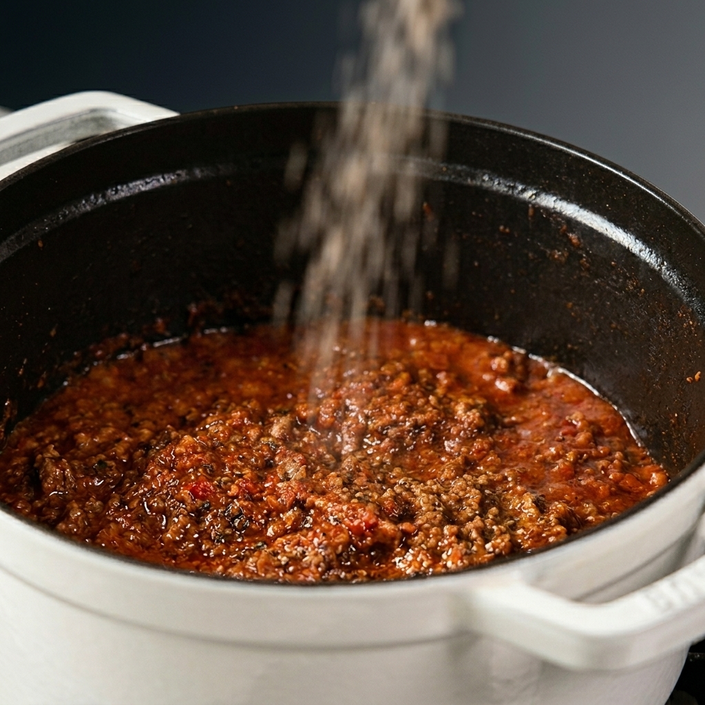 Du sel de mer et du poivre noir saupoudrés sur une sauce bolognaise épaisse et bouillonnante dans une cocotte.