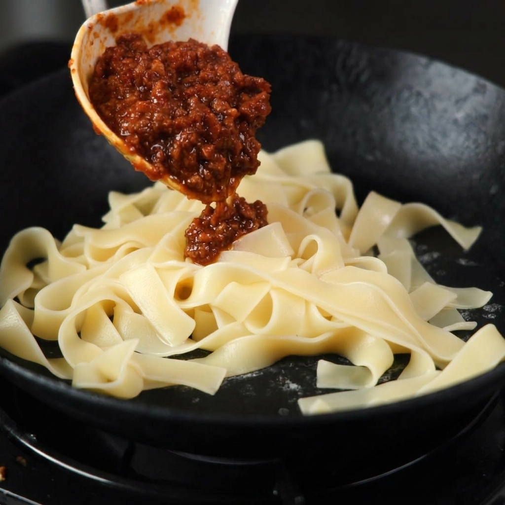 Une grande louche versant une sauce à la viande épaisse sur un tas de larges rubans de pâtes cuites dans une poêle noire.