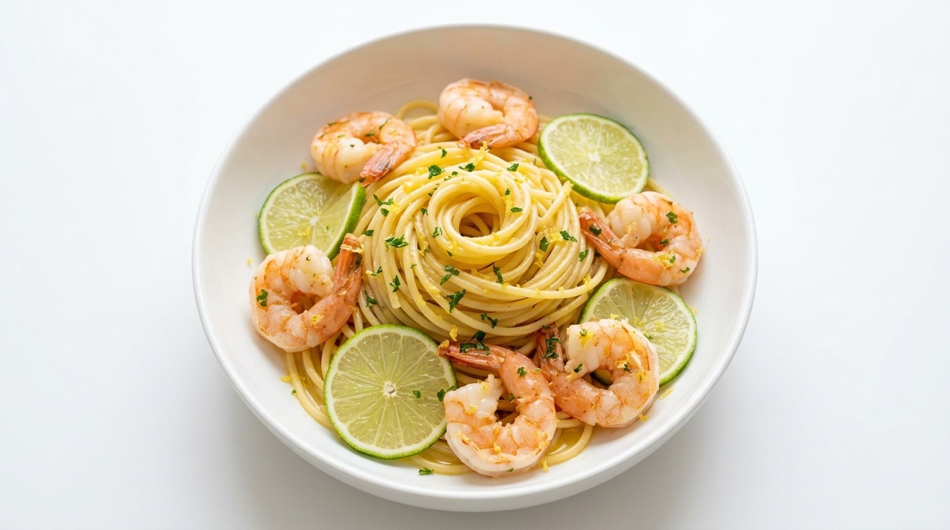 Spaghetti aux crevettes, ail et citron frais