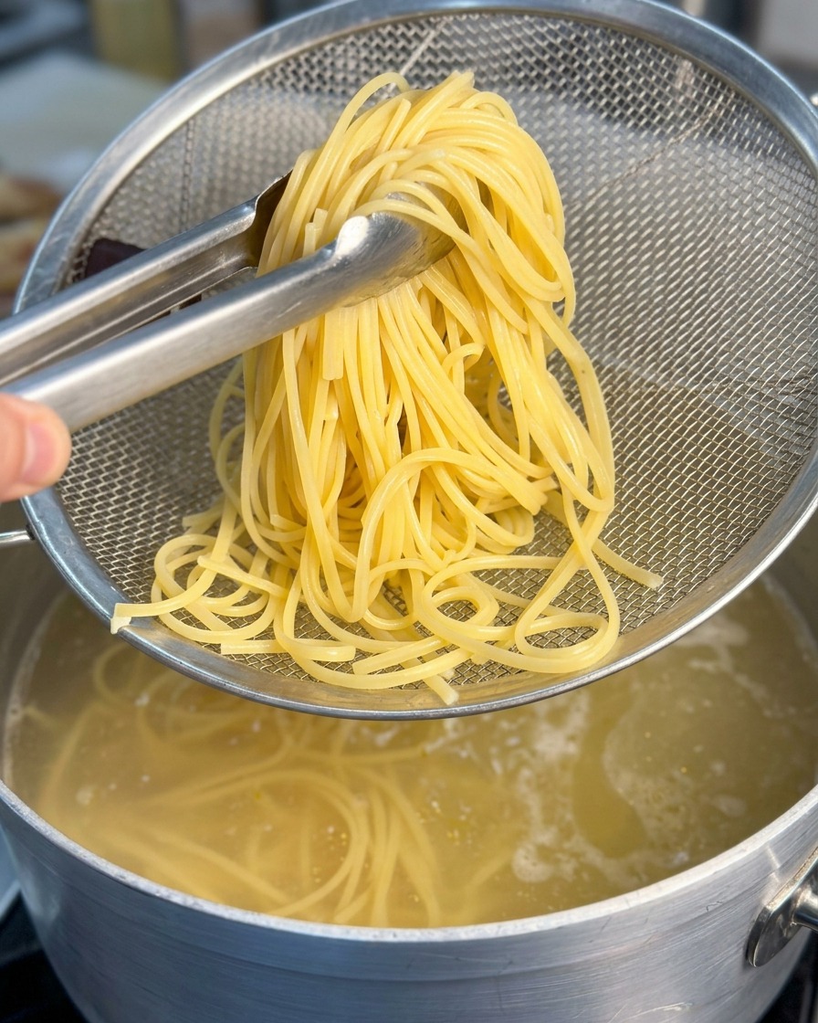 Une pince soulevant un nid de spaghetti jaunes dans une passoire en filet métallique au-dessus dune casserole deau bouillante.