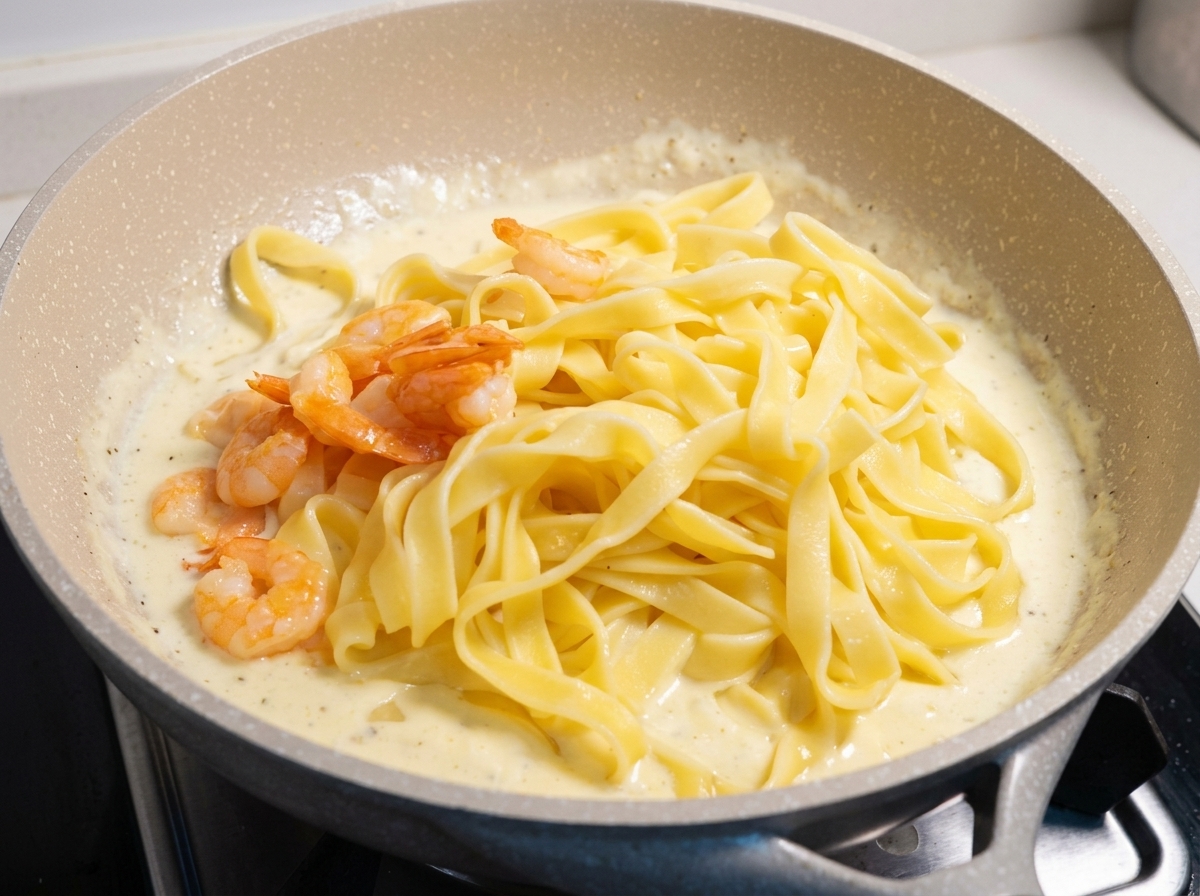 Crevettes roses cuites ajoutées à une poêle remplie de fettuccine et de sauce crémeuse.