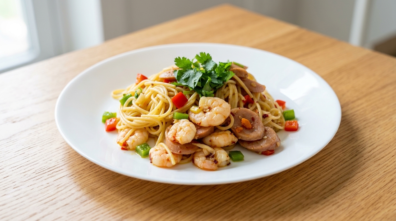 Spaghetti sautés au wok à l'ail, aux crevettes et à la saucisse