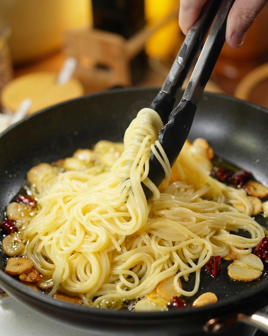 Une pince transférant les spaghetti cuits directement dans une poêle dhuile infusée à lail et au piment.