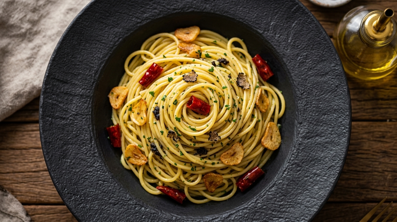 Spaghetti à la truffe noire et huile d'ail