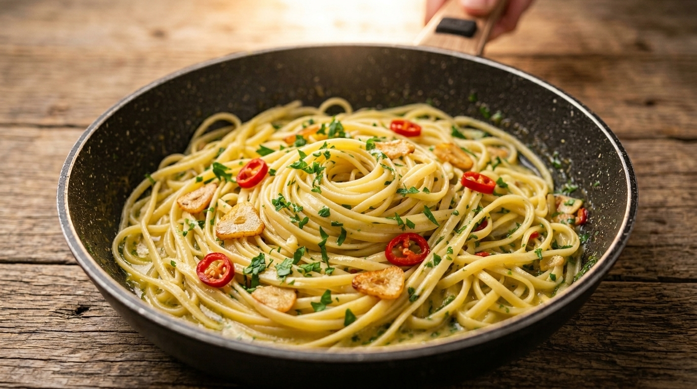 Linguine crémeuses à l'ail et au piment (Aglio, Olio e Peperoncino au jaune d'œuf)