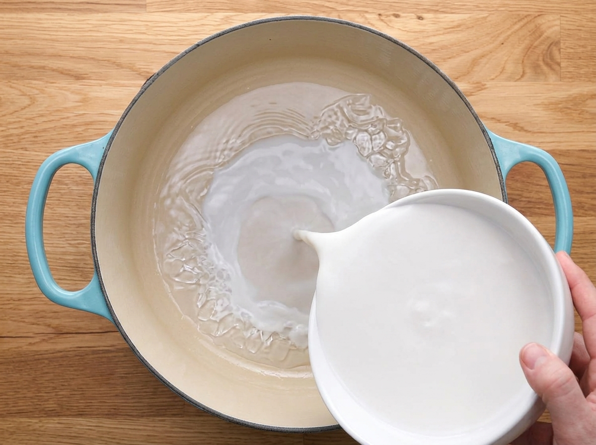 Du lait versé dans une casserole bleu clair.
