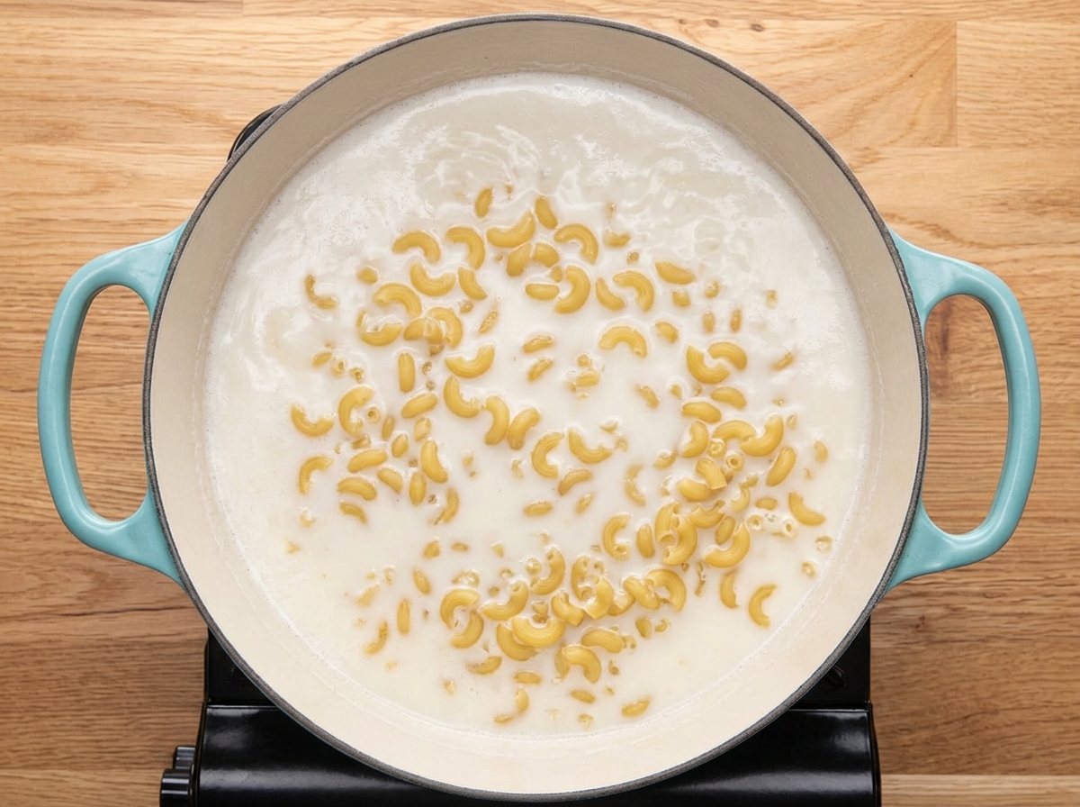 Macaronis crus reposant dans du lait frémissant à lintérieur dune casserole bleu clair.