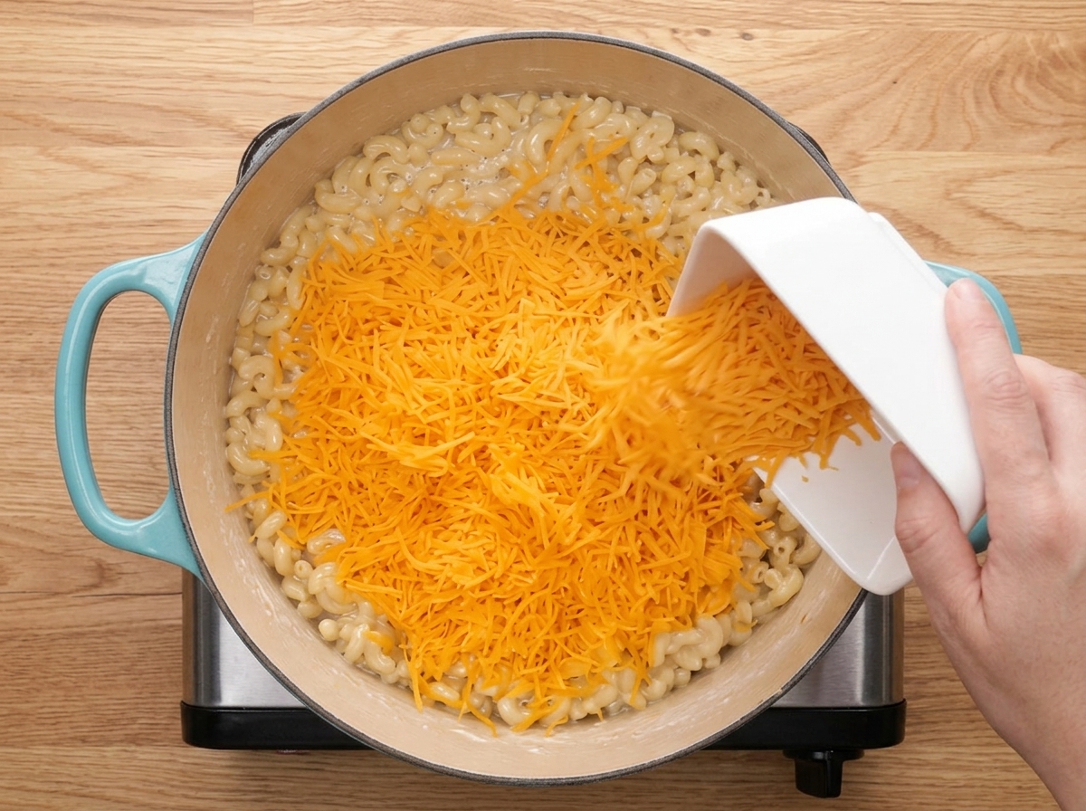Du cheddar râpé versé depuis un bol blanc sur des macaronis cuits dans une casserole.