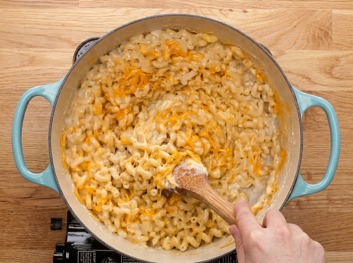 Un macaroni au fromage crémeux remué avec une cuillère en bois dans une casserole bleu clair.