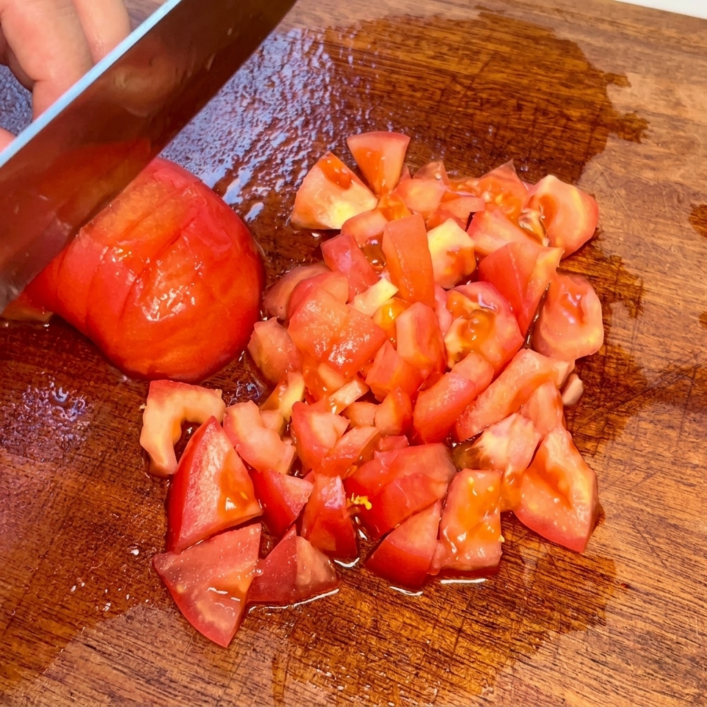 Tomate pelée en train dêtre coupée en petits dés sur une planche à découper en bois.