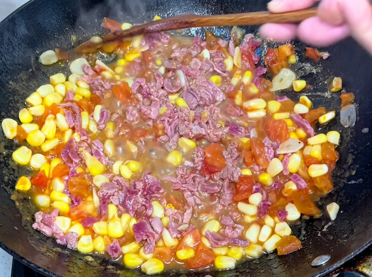 Morceaux de bœuf, grains de maïs et tomates sautés ensemble dans un wok noir à laide dune spatule en bois.