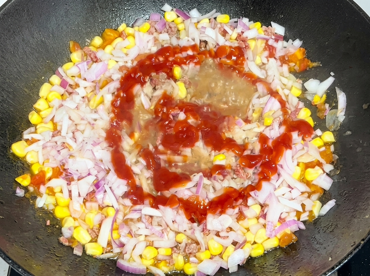 Dés doignon rouge et un filet de ketchup rouge ajoutés au mélange de bœuf et de maïs dans la poêle.