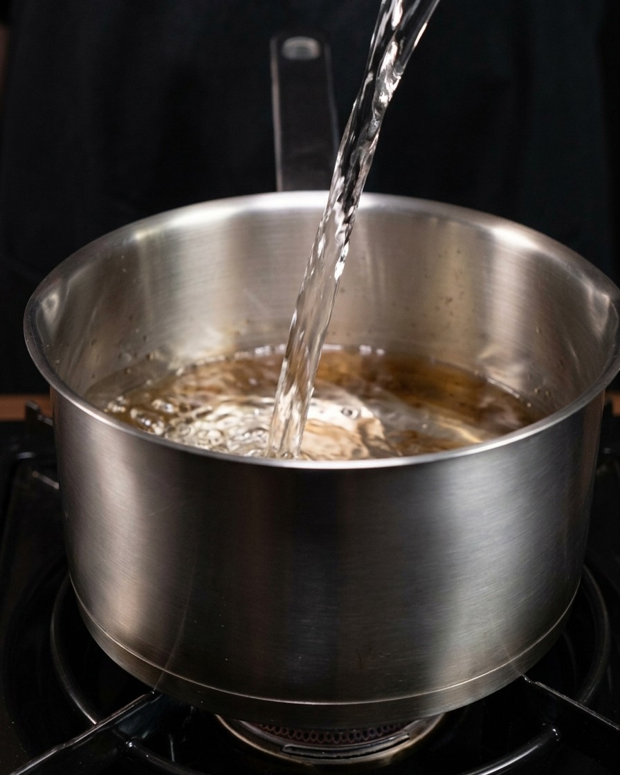 De leau claire versée depuis une carafe dans une grande casserole en inox sur une plaque de cuisson.