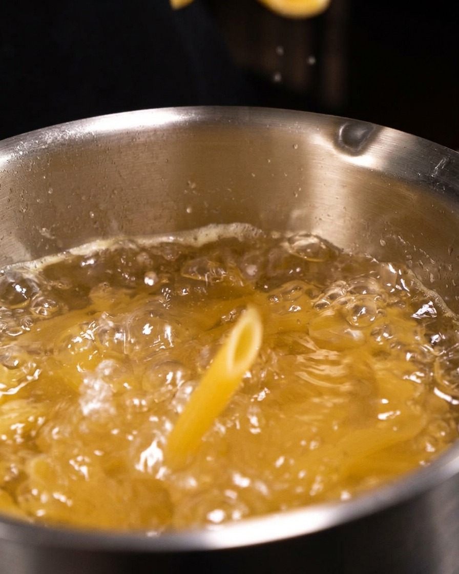 Des pennes sèches plongées dans une casserole deau bouillante assaisonnée.