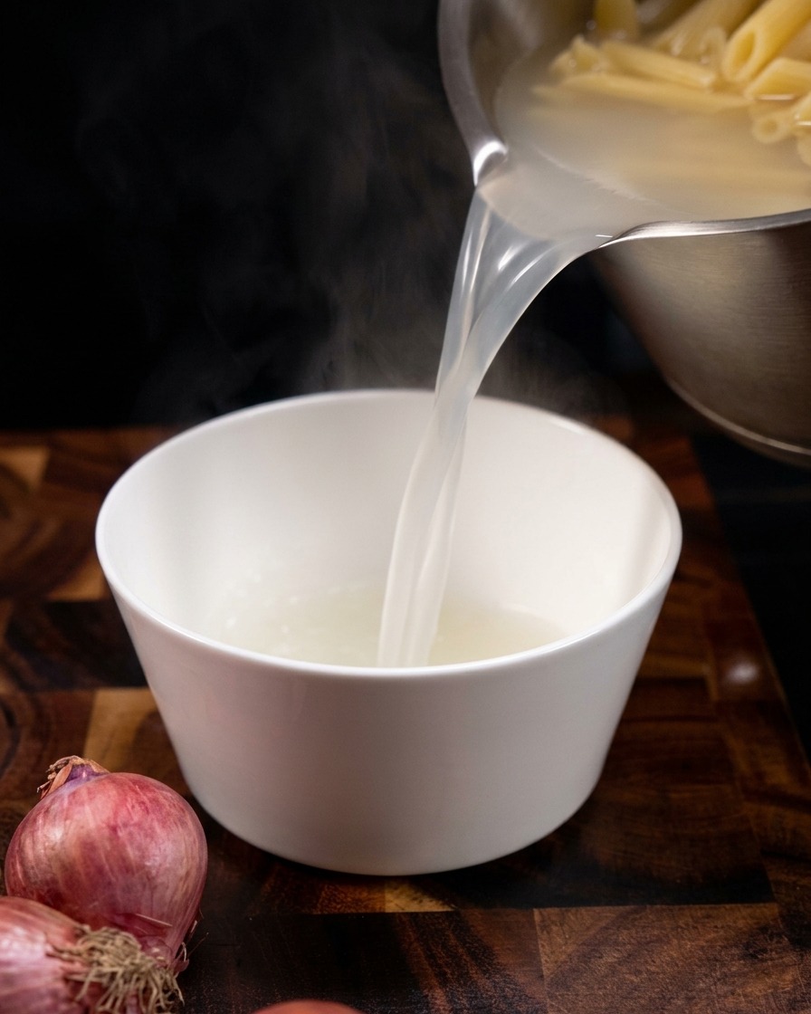 De leau de cuisson des pâtes chaude et trouble versée à la louche dans un bol en céramique blanche.