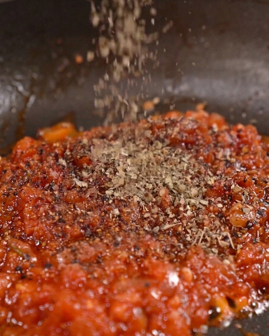 Des herbes séchées et des épices rouges saupoudrées au-dessus dune sauce tomate épaisse qui mijote dans une poêle.