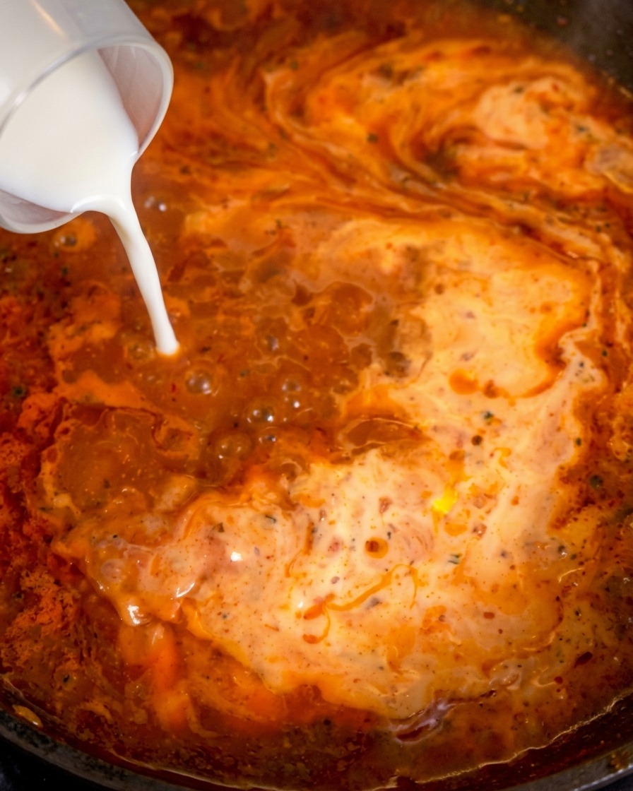 De la crème blanche versée dans une sauce rouge, créant des volutes blanches et orangées dans la poêle.
