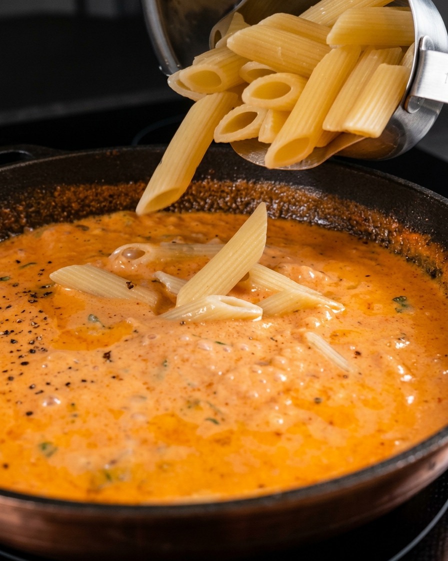 Des pennes cuites versées depuis une casserole en métal dans une poêle remplie dune sauce crémeuse orangée.